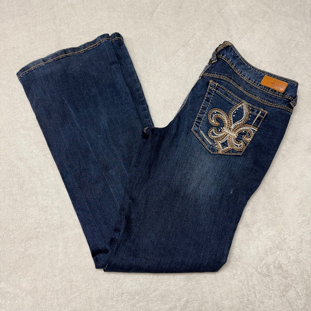 Amethyst Jeans Women Dark Wash Bootcut Fleur De Lis Embroidered Denim Blue 30x31